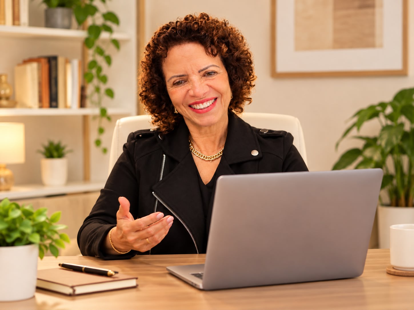 Janethi Menezes sorrindo e gesticulando em frente a um notebook, durante um atendimento online